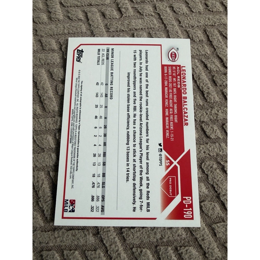 LEONARDO BALCAZAR AUTO 2023 Topps Pro Debut Baseball PD-190 Cincinnati Reds - Picture 2 of 2